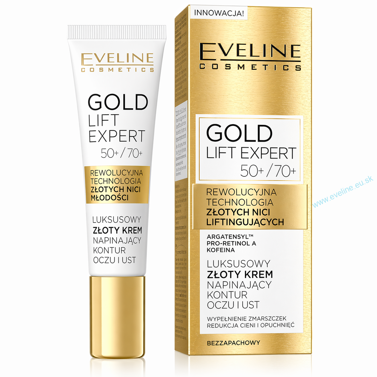 Eveline Gold Lift Expert 50+/70+ – luxusný spevňujúci krém na kontúry očí a pier, 15 ml
