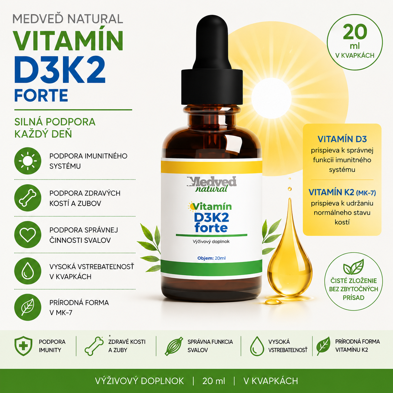 Medveď natural Vitamín D3K2 forte 20 ml (Kosti)
